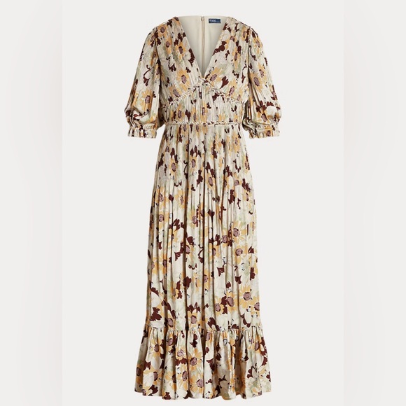 Polo Ralph Lauren Floral Pleated Satin V-Neck Dress Elbow Length Sleeve NWOT - Picture 5 of 13